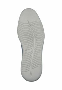 Suola di scarpe in gomma bianca con motivo testurizzato per la presa e il marchio. Forma arrotondata con scanalature flessibili per trazione e comfort.