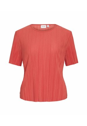 Top corto a maniche corte color corallo con scollo rotondo, caratterizzato da una texture liscia e una vestibilità rilassata per comfort e facilità d'uso.