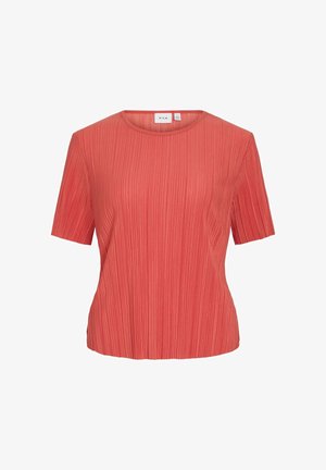 Koraal ribbel kortmouwtop met een ronde halslijn, met een gladde textuur en een ontspannen pasvorm voor comfort en gemakkelijk dragen.