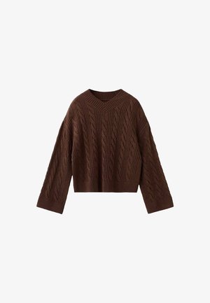 Brown cable-knit sweater with a v-neck, elongated sleeves, and a cropped design, featuring textured patterns throughout.