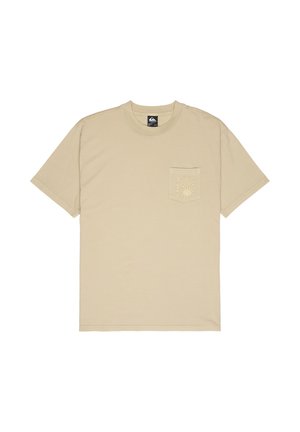 Beige katoenen T-shirt met een ronde hals, korte mouwen en een borstzak aan de linkerkant met een geëtst zonontwerp.