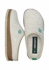 Light beige felt slippers with a cushioned brown sole, featuring a green spiral logo on the upper and a sleek, rounded design.