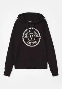 Felpa nera in cotone, con un logo circolare bianco con il testo "VERSACE JEANS COUTURE", corde di regolazione e polsini a costine.