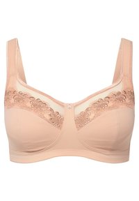Soutien-gorge beige avec des détails en dentelle florale sur les bonnets supérieurs, de larges bretelles et un accent décoratif central. Tissu lisse avec un design sans coutures.