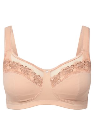 Beżowy biustonosz z kwiatowymi koronkami na górnych miseczkach, szerokimi ramiączkami i centralnym ozdobnym akcentem. Gładki materiał o bezszwowym designie.