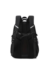 Zaino nero con pannello posteriore in rete, spallacci regolabili e dettagli riflettenti. Dispone di scomparti multipli e una forma strutturata.