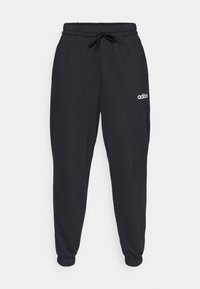 Černé tepláky s elastickým pasem a šňůrkou, s žebrovanými manžetami a malým bílým logem Adidas na straně.