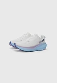 Sport sneakers with a white breathable mesh upper, light blue gradient rubber sole, and textured accents, featuring a streamlined design.