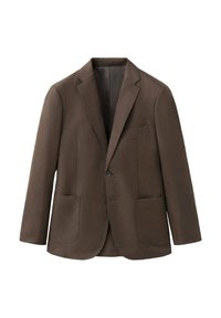 Blazer marron pour homme à simple boutonnage avec revers crantés, deux poches plaquées devant et une poche poitrine, présenté sur fond blanc.