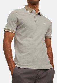 Lichtgrijze polo met een beige kraag en mouwboorden, voorzien van dunne witte strepen en een klein logo op de borst. Van katoenmix.