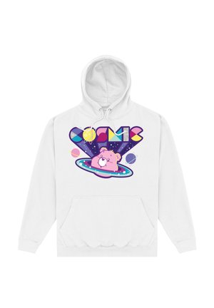 Hvid hoodie med et farverigt grafisk motiv af en pink bjørn i en galakse med geometriske former og teksten "COSMIC" i fed farver.