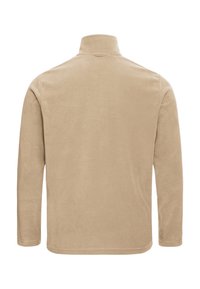 Veste en polaire beige à manches longues avec un col montant, vue de dos sur un fond blanc.