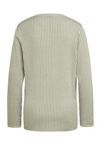 Langärmliger Rippstrickpullover in hellgrün mit Rundhalsausschnitt und seitlichen Schlitzen, der ein strukturiertes Muster über den gesamten Stoff aufweist.