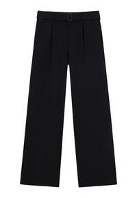 Black wide-leg trousers made of smooth fabric, featuring a belt with a silver buckle and front pleats, designed with side pockets.