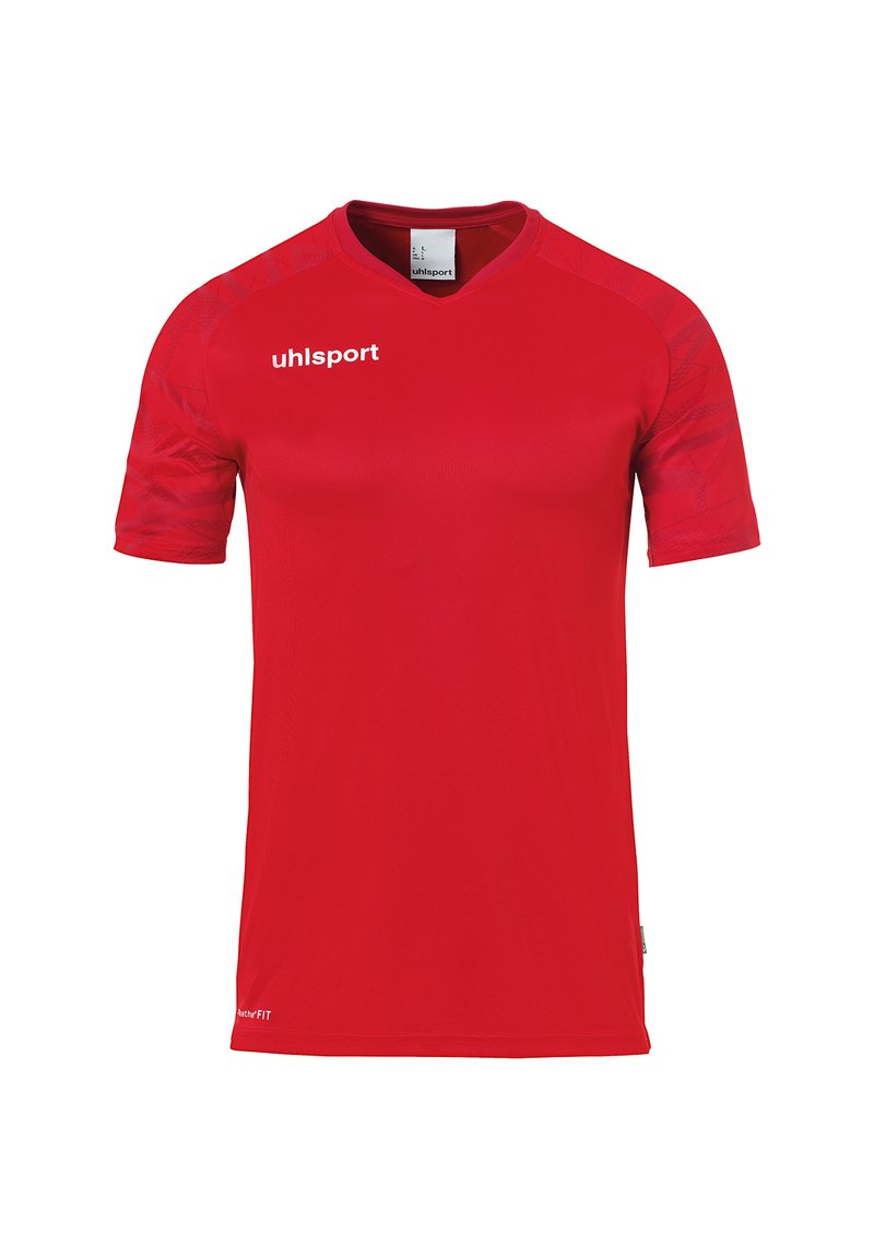 Rød kortærmet sports t-shirt lavet af letvægtsstof. Har en V-hals og teksturerede detaljer på ærmerne med mærkets logo.