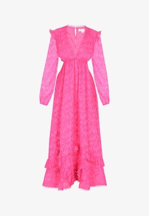 Pikk roosa pitskleit sügava V-kaelusega, volangvarrukatega ja kihilise alläärega. Kude sisaldab peent mustrit, mis rõhutab selle tekstuuri.