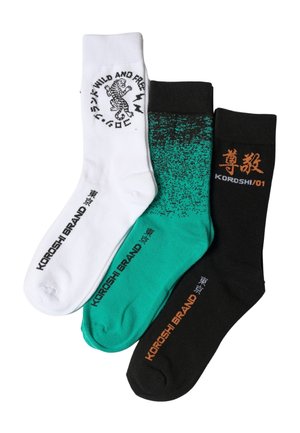 Tres pares de calcetines deportivos en blanco, verde azulado con motas negras y negro, cada uno con el texto de la marca Koroshi y caracteres japoneses.