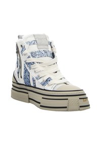 High-top sneakers with white fabric, blue and silver glitter accents, side zippers, thick rubber soles with black stripes, and textured detailing.