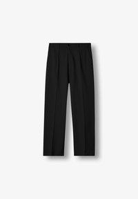 Pantalones negros de pierna recta con pliegues delanteros, cintura con botones y bolsillos laterales sobre fondo blanco liso.
