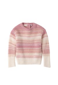 Strickpullover mit rundem Ausschnitt, der horizontale Streifen in sanften Rosa-, Creme- und Beigetönen aufweist. Texturiertes Gewebe und gerippte Kanten.