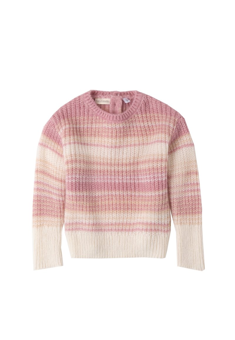 Strickpullover mit rundem Ausschnitt, der horizontale Streifen in sanften Rosa-, Creme- und Beigetönen aufweist. Texturiertes Gewebe und gerippte Kanten.