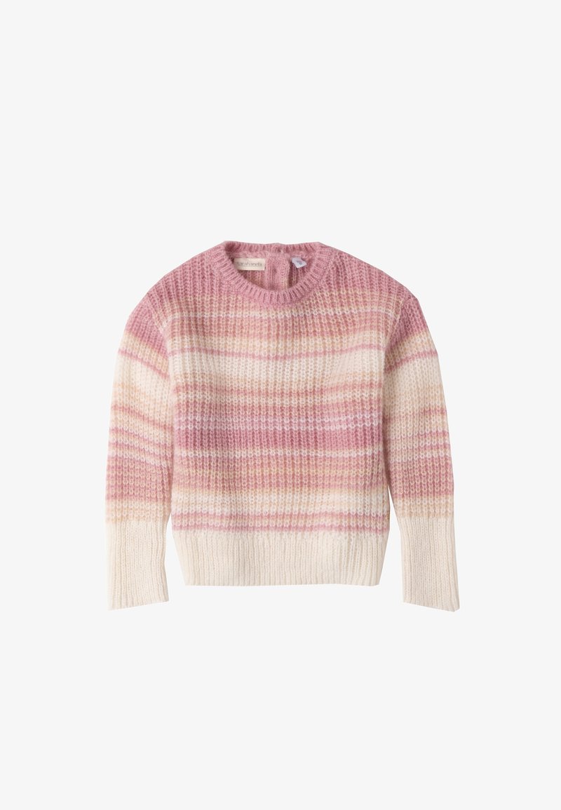 Strickpullover mit rundem Ausschnitt, der horizontale Streifen in sanften Rosa-, Creme- und Beigetönen aufweist. Texturiertes Gewebe und gerippte Kanten.