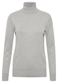 Hellgrauer Rollkragenpullover aus weichem Strickstoff. Verfügt über lange Ärmel und gerippte Akzente am Kragen, an den Ärmelbündchen und am Saum.