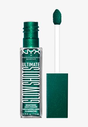 Liquid eyeshadow in a clear tube, featuring a vibrant green color with shimmer. Applicator wand included, cap is sparkly green.