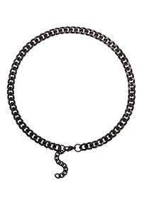 Collana in metallo nero con catena, caratterizzata da anelli intrecciati e finitura texturizzata. Include un gancio e un'estensione della catena regolabile.
