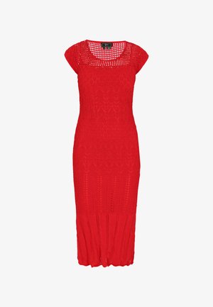 Abito rosso lavorato a maglia con maniche a cappuccio corte, scollatura quadrata e silhouette aderente. Presenta motivi intricati e un orlo a coste.