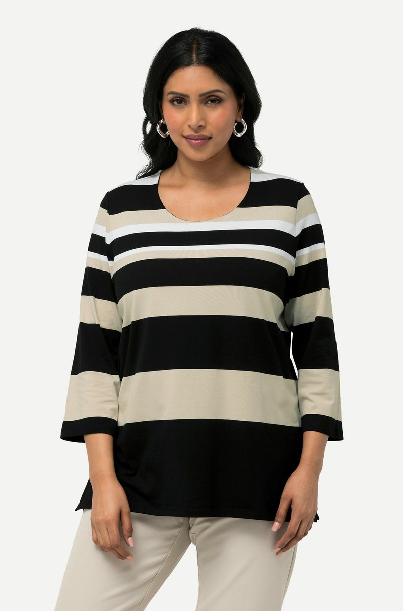 Ulla Popken STRIPED 3/4 SLEEVE TEE - Langarmshirt - putty