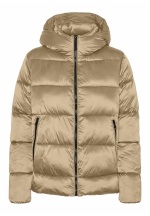 Beige pufjakke med hætte, quiltet design, lynlåslukning foran og to sidelommer. Glat tekstur og elastiske manchetter.