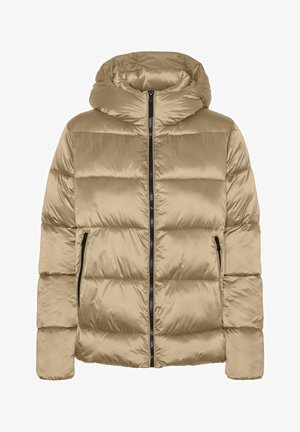 Giacca puffer beige con cappuccio, design trapuntato, chiusura con zip e due tasche laterali. Tessuto liscio e polsini elastici.