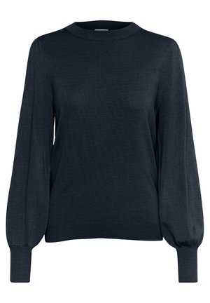 Marineblauer Strickpullover mit langen, aufgebauschten Ärmeln und einem gerippten Rundhalsausschnitt. Weicher Textil und taillierte Abschlussbündchen. Einfaches Design ohne Muster.