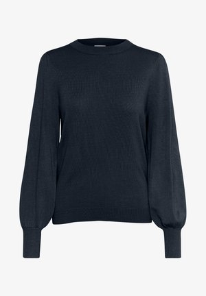 Pull en tricot bleu marine avec de longues manches bouffantes et un col rond côtelé. Texture douce et poignets ajustés. Design simple sans motifs.