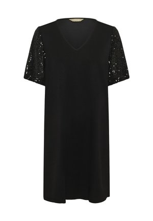 Abito nero con scollo a V e maniche corte. Le maniche sono decorate con paillettes nere e realizzate in un tessuto testurizzato.