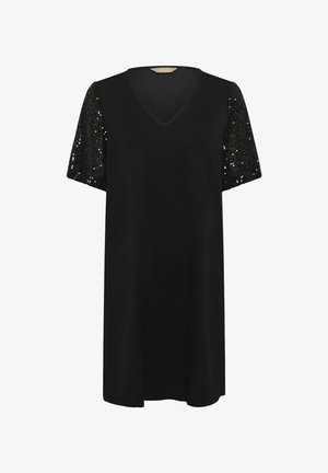 Sorte kjole med V-udskæring og korte ærmer. Ærmerne er dekoreret med sorte pailletter og lavet af et tekstureret stof.