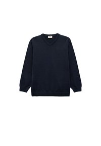 Sweter w kolorze granatowym z dekoltem w serek wykonany z dzianiny, z długimi rękawami oraz ściągaczami przy mankietach i dolnej krawędzi. Prosty design bez widocznych wzorów czy akcentów.