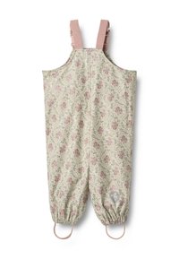 Ziedu raksta kombinezons gaiši zaļā krāsā ar rozā rozēm, elastīgām aprocēm un regulējamām rozā lencēm; mīksts audums ar vieglu tekstūru.