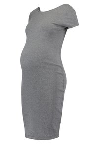 Gray ribbed maternity dress with short sleeves, fitted silhouette, and side seam details. Made of soft, stretchy material.