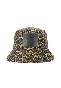 Kapelusz typu bucket w nadruk leopardzim, wykonany z materiału, z czarn�ą skórzaną naszywką z przodu. Okrągła korona i szeroki, opadający ku dołowi brzeg.