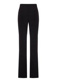 Zwarte broek met een slim fit, uitgevoerd in een gladde stof, met rechte pijpen en een tailleband. Geen zichtbare zakken of versieringen.