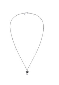 Silberne Halskette mit einer zarten Kette, ausgestattet mit einem pilzförmigen Anhänger, der mit einer metallischen Kappe und einem perlmuttartigen Tropfen verziert ist.