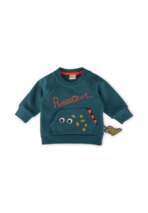 Felpa turchese per bambini con testo "Roooarrrr", design con occhi e punte di dinosauro e un piccolo dettaglio della coda del dinosauro sul lato.