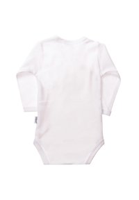 Langarm-weißer Bodysuit aus weicher Baumwolle. Mit rundem Ausschnitt und Druckknopfverschluss am unteren Ende. Glatte Textur, ohne Muster.