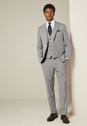 Man staat met handen in de zakken, draagt een lichtgrijs driedelig pak, wit overhemd, donkere dessin stropdas en bruine nette schoenen.