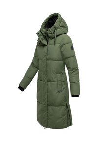 Lång olivgrön vadderad vinterjacka med huva, framsidans blixtlås, sidofickor och svarta justerbara dragkedjor.