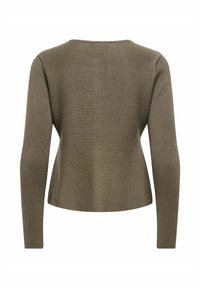 Pull en maille à manches longues de couleur vert olive, vu de dos, avec un col rond et un ourlet légèrement évasé.
