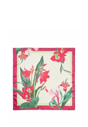 Štvorcový šál s jasne ružovým lemom a červenými, ružovými a zelenými tropickými kvetmi a listami na bielom stredovom pozadí.