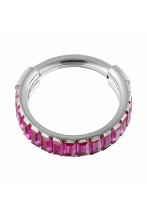 Silver hoop earring with a row of rectangular pink gemstones set along the outer edge.